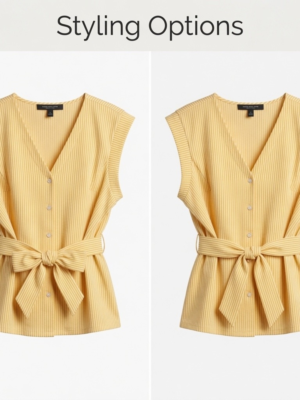 Marc New York Yellow Striped Sleeveless V-Neck Tie-Waist Blouse Preppy Size M